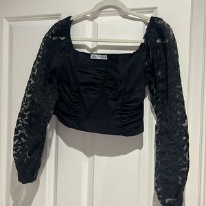 Zara cropped black sheer long sleeve top